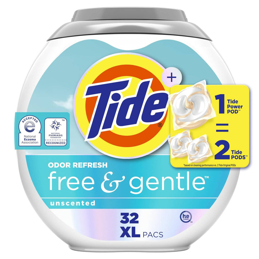 Tide Free & Gentle unscented laundry detergent pods, 32 count XL tub