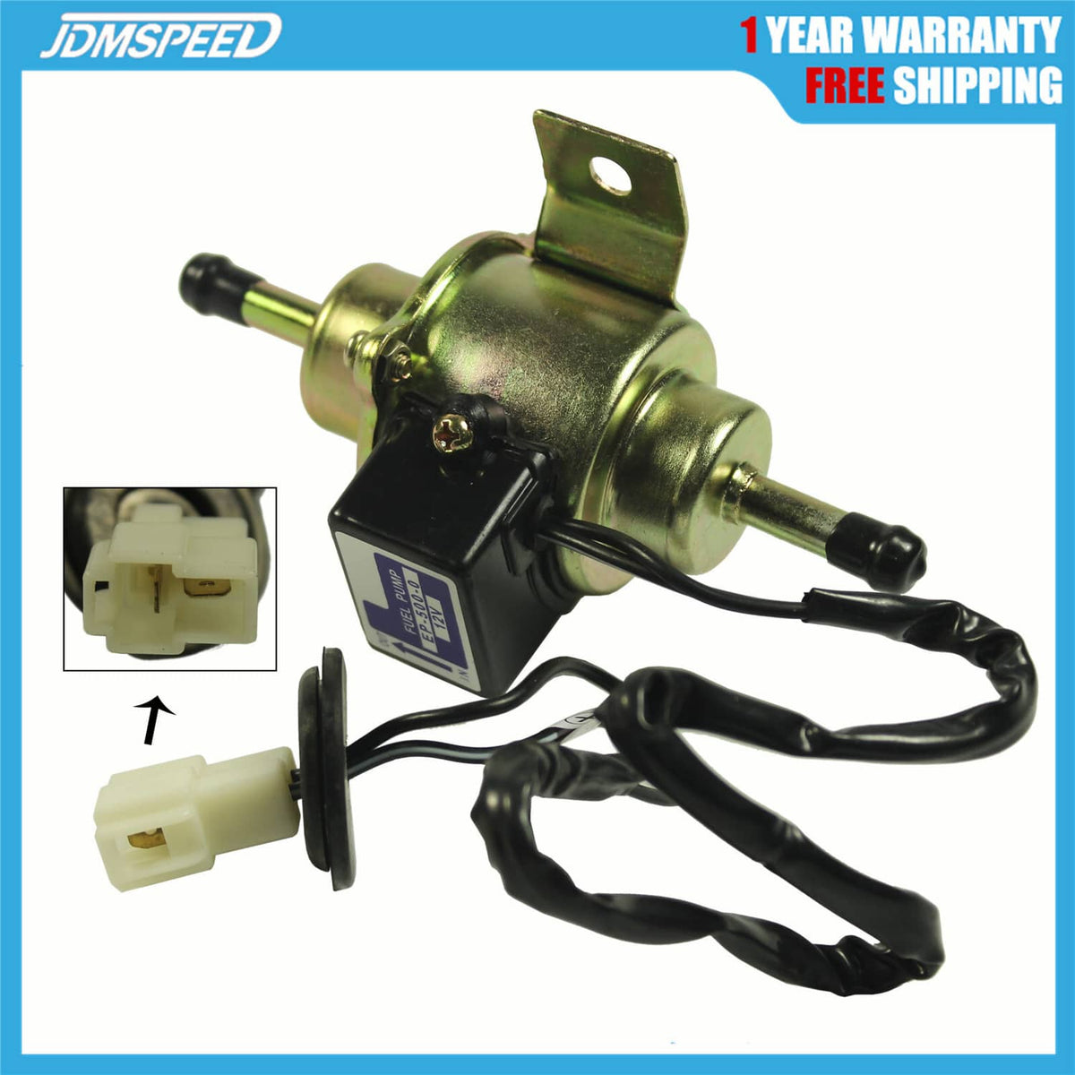 Electric fuel pump assembly with gold metal body, black wiring harness, mounting bracket