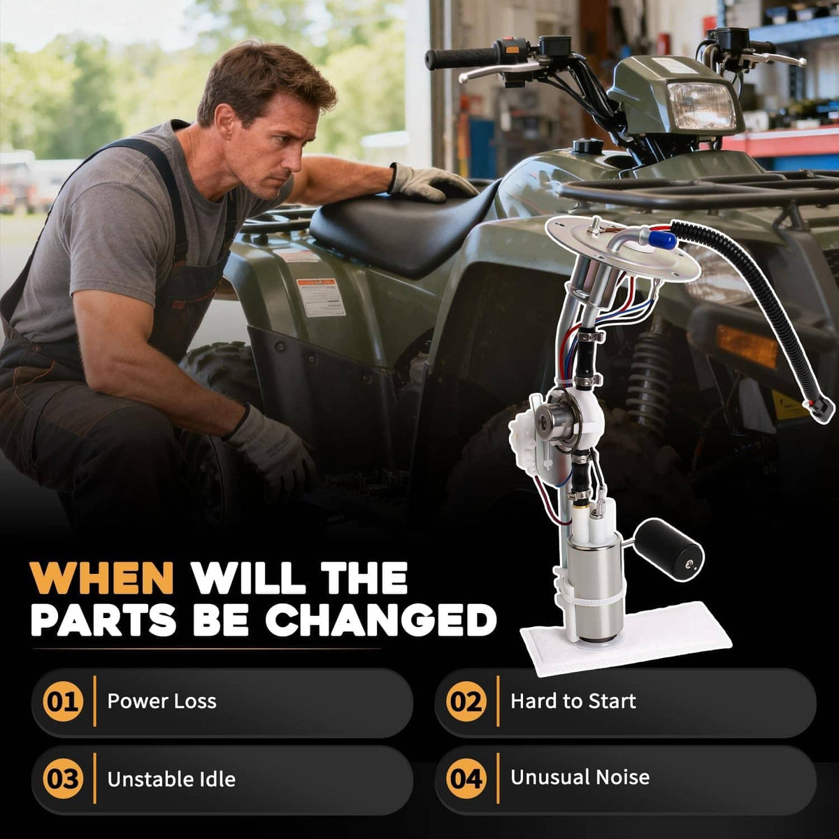 ATV fuel pump module installed on fuel tank with mounting bracket and connected lines