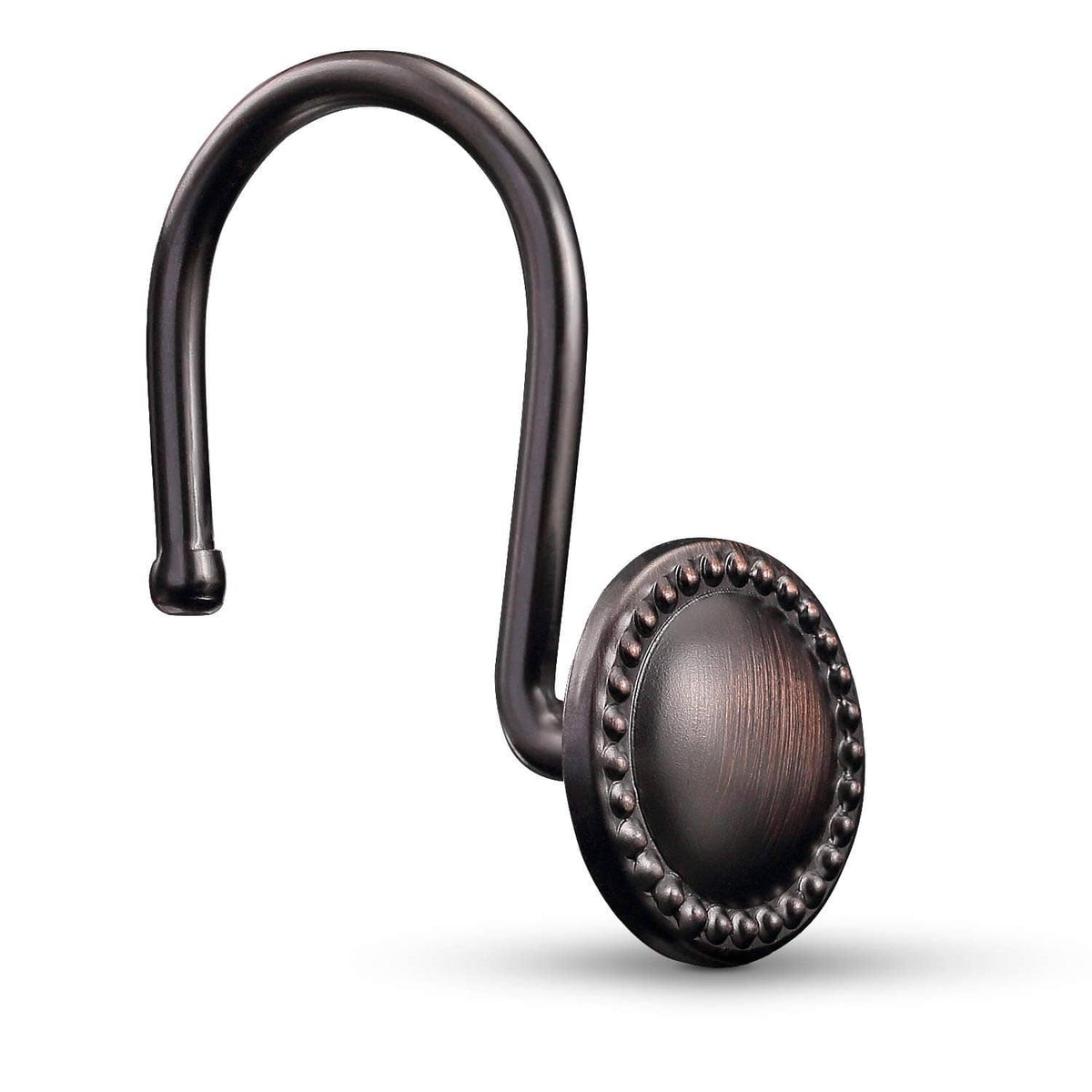 Oil-rubbed bronze shower curtain hook with oval rosette and curved S design