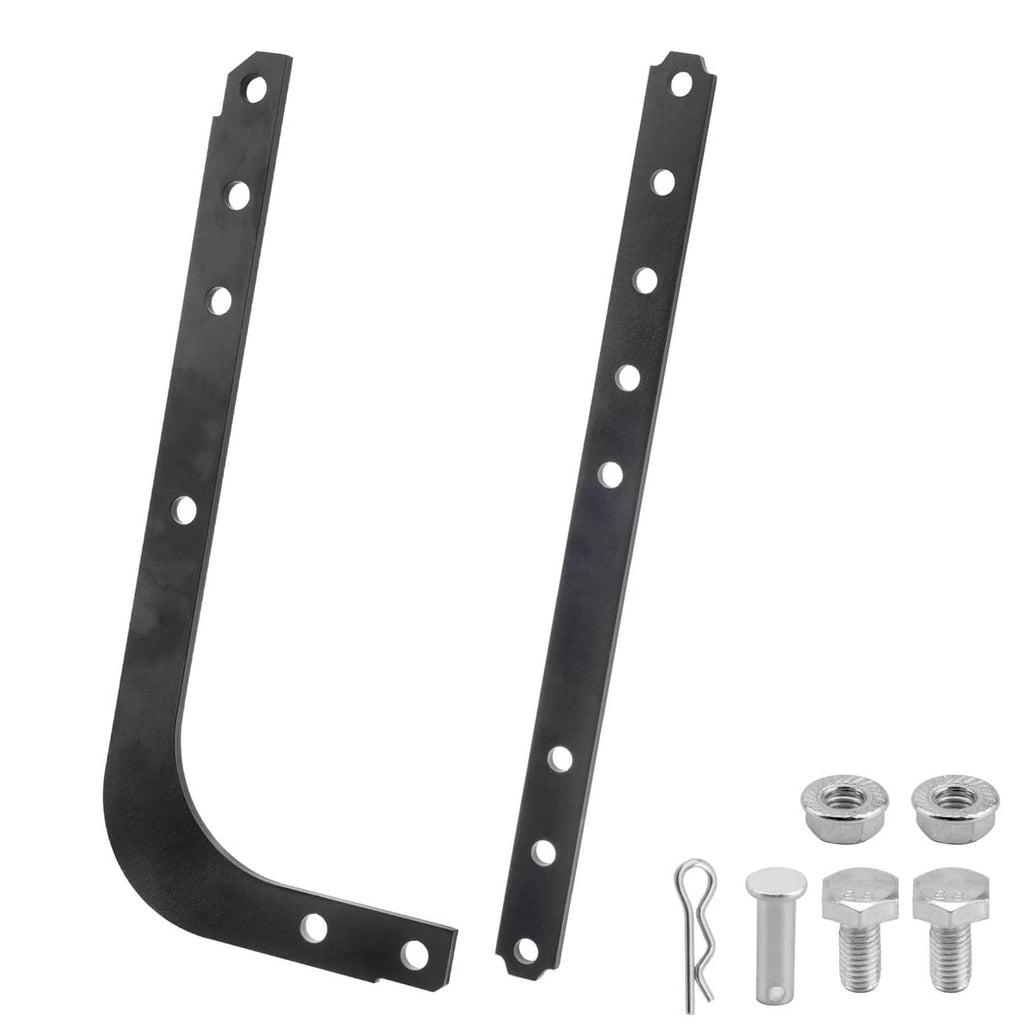 Black curved and straight garage door opener arms, mounting holes, screws and nuts