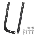 Black curved and straight garage door opener arms, mounting holes, screws and nuts