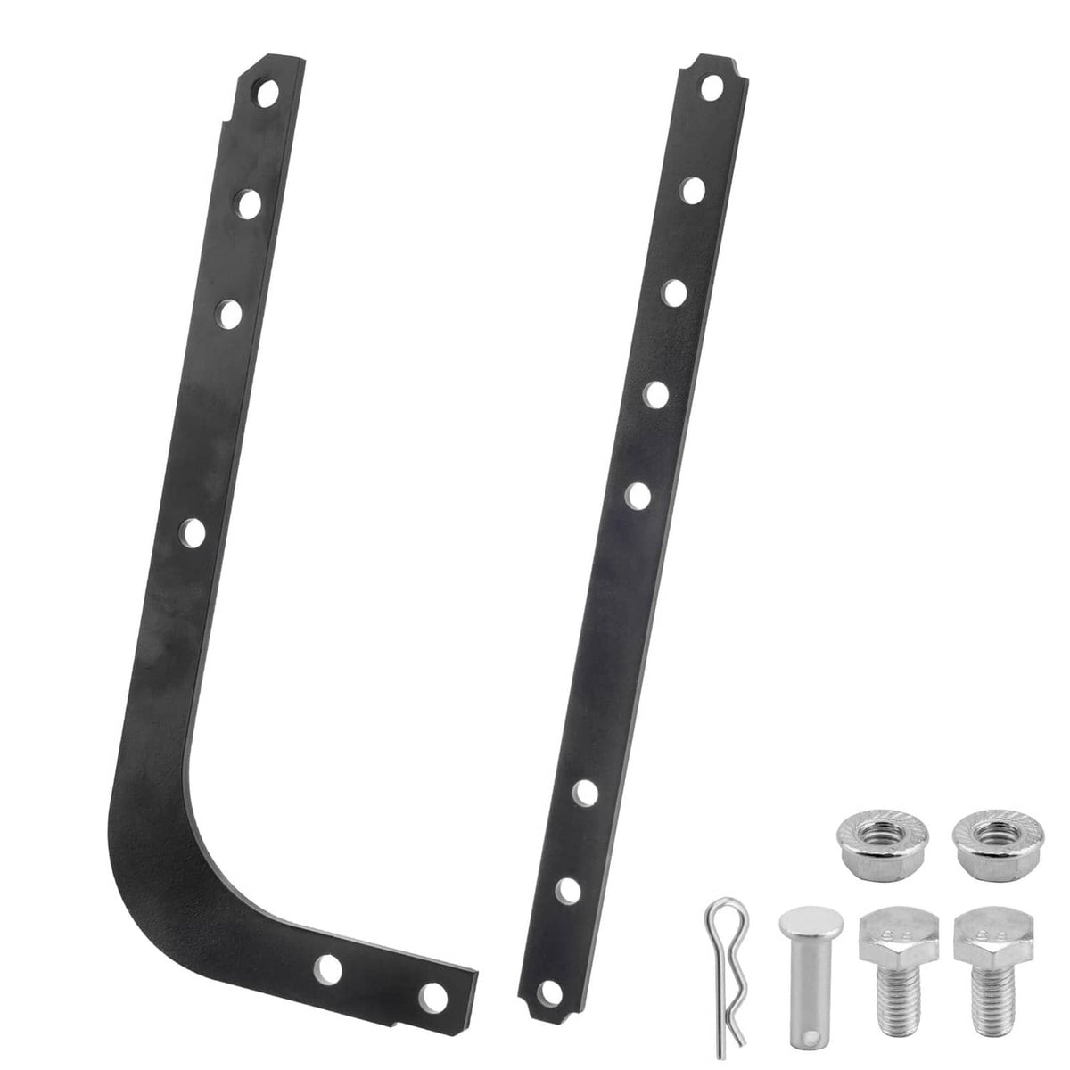 Black curved and straight garage door opener arms, mounting holes, screws and nuts