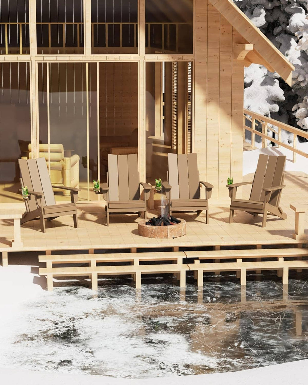 Set of folding tan Adirondack patio chairs arranged around a firepit