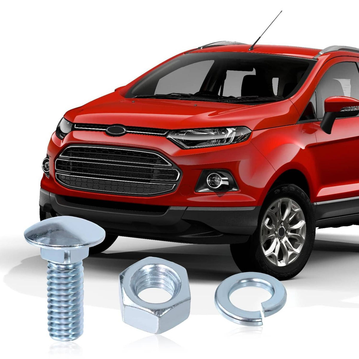 Chrome bumper bolt kit items: capped bolt, hex nut, and round washer, silver metal finish
