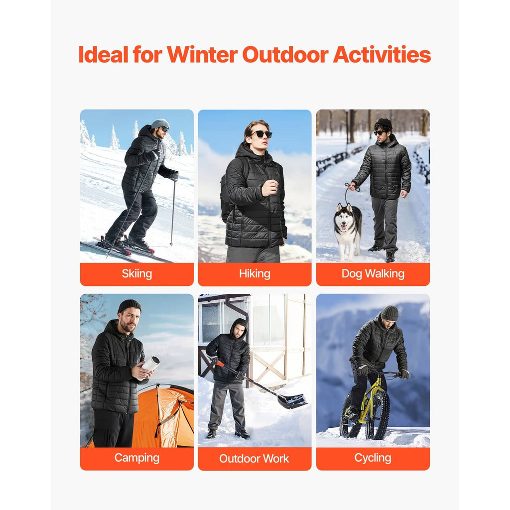 Uimoso heated hooded puffer jacket shown in winter activities for skiing and hiking