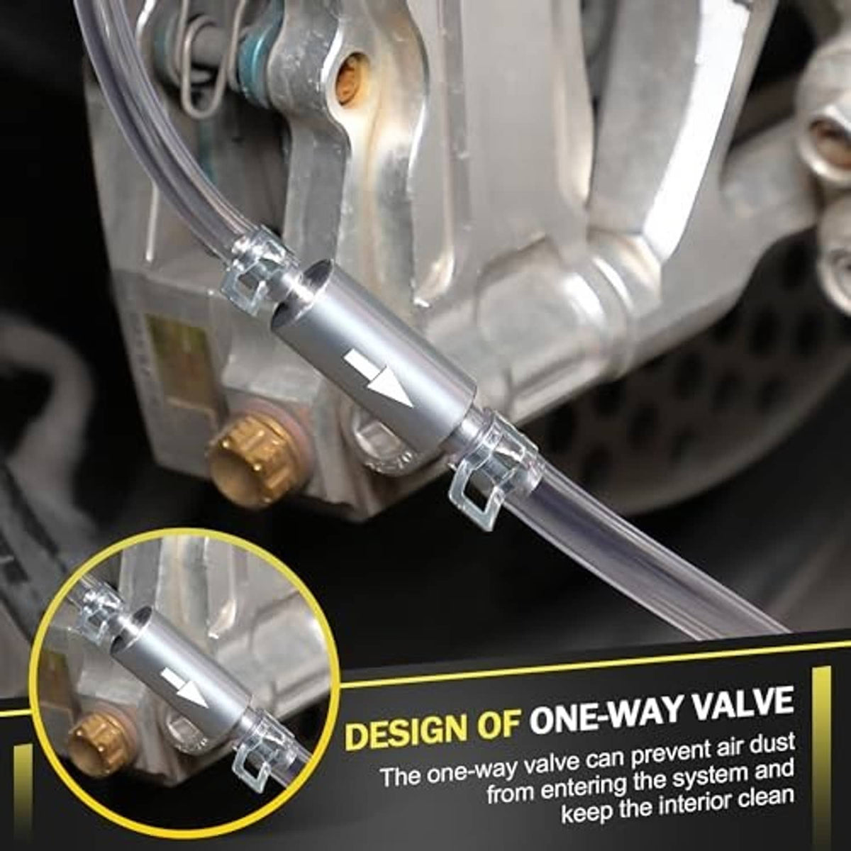 One-way valve brake bleeder hose with metallic fittings and clamp for brake fluid