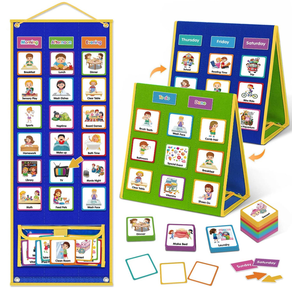 Kids chore visual schedule board with blue frame and green card panels, day labels