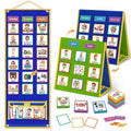 Kids chore visual schedule board with blue frame and green card panels, day labels