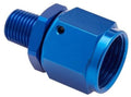 Blue aluminum flare reducer fitting with hex collar, left male threads, right NPT threads