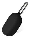 Black silicone earbuds case with hanging loop and carabiner-style clasp