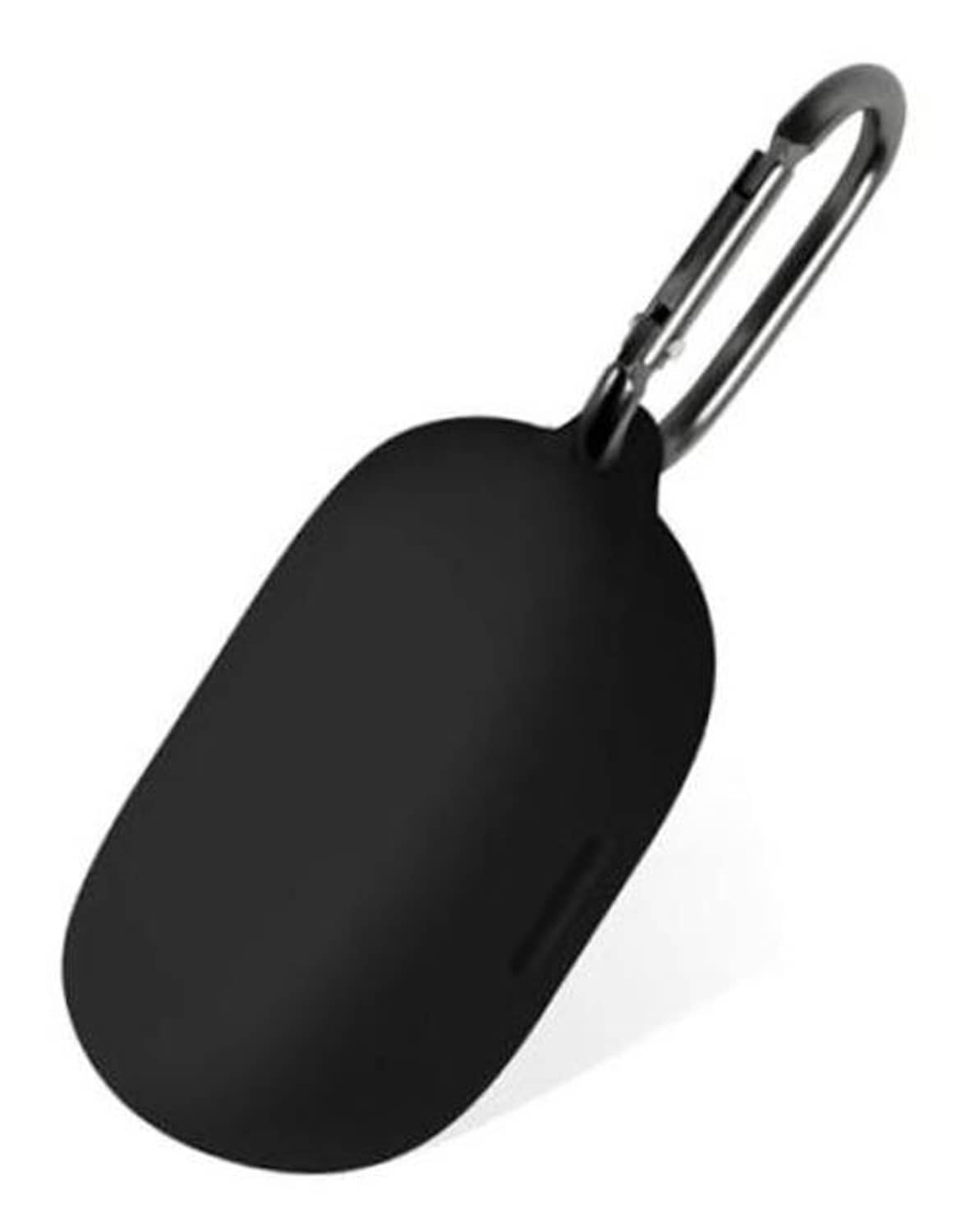 Black silicone earbuds case with hanging loop and carabiner-style clasp