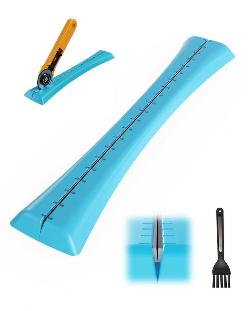 Blue linear rotary blade sharpener with orange/yellow handle, guide and small brush.