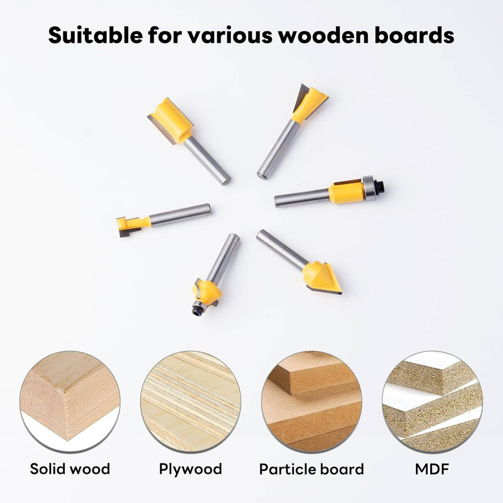 Router bit set with yellow cutters and silver shanks, for use on solid wood, plywood, MDF
