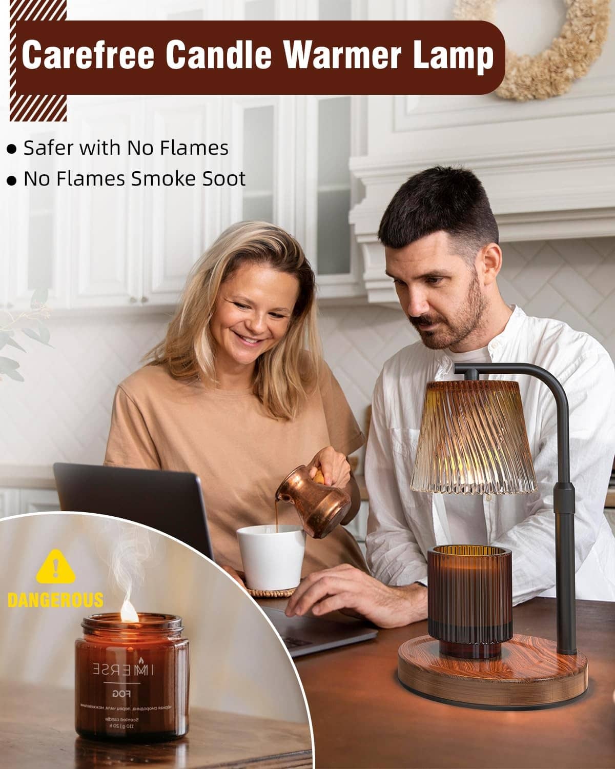 Candle warmer lamp with wood base and ribbed glass shade, warm lit candle