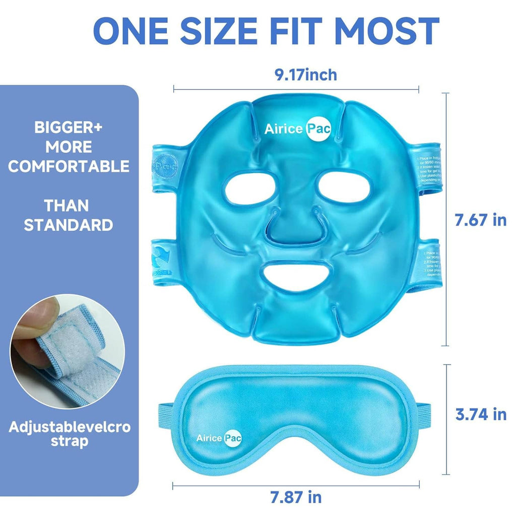 Blue cooling face mask and eye mask set with adjustable strap and size measurements
