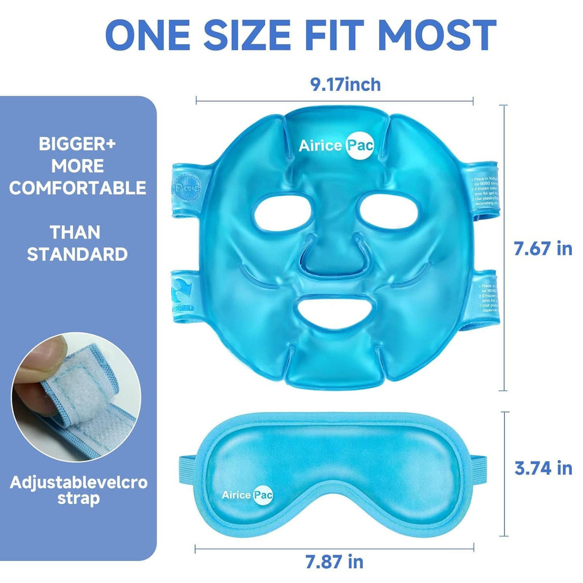 Blue cooling face mask and eye mask set with adjustable strap and size measurements