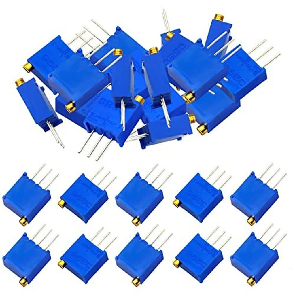 Assorted blue multiturn trimmer potentiometers with gold adjustment caps and 3-pin leads