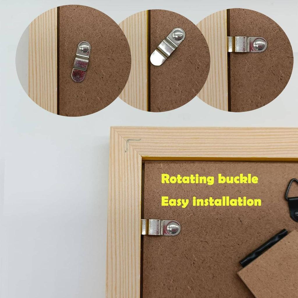 Light wood picture frame back view with rotating metal buckle for back-loading