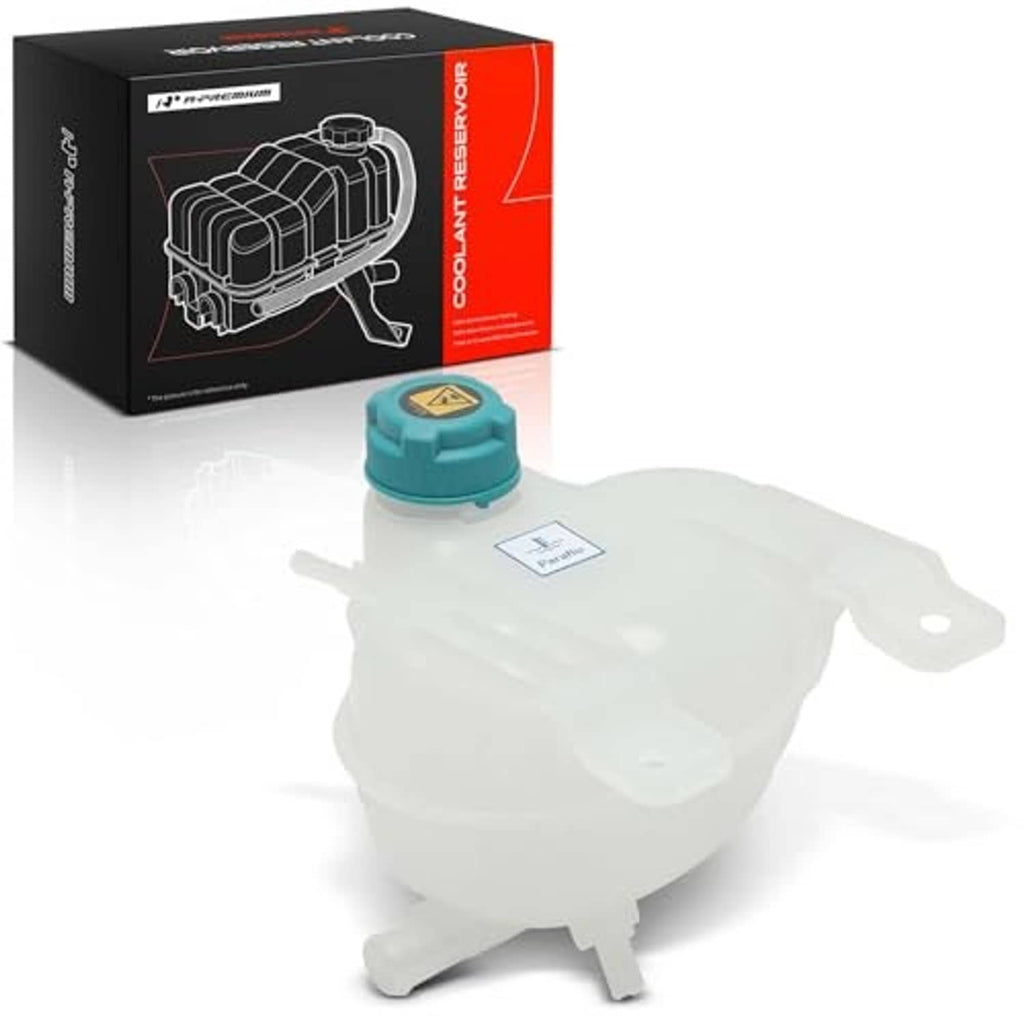 White coolant recovery reservoir tank with teal cap and side mounting outlet