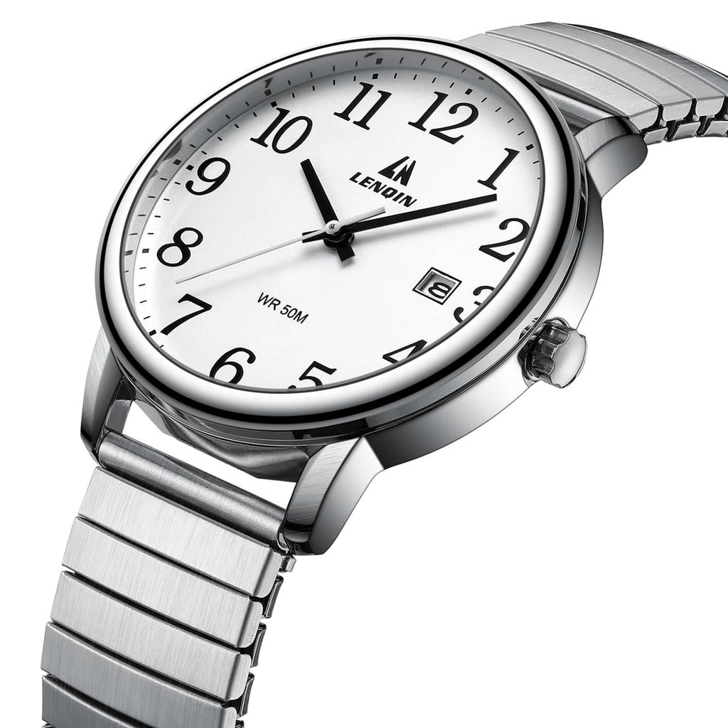 Mens analog quartz watch angled view with white dial and silver metal link band