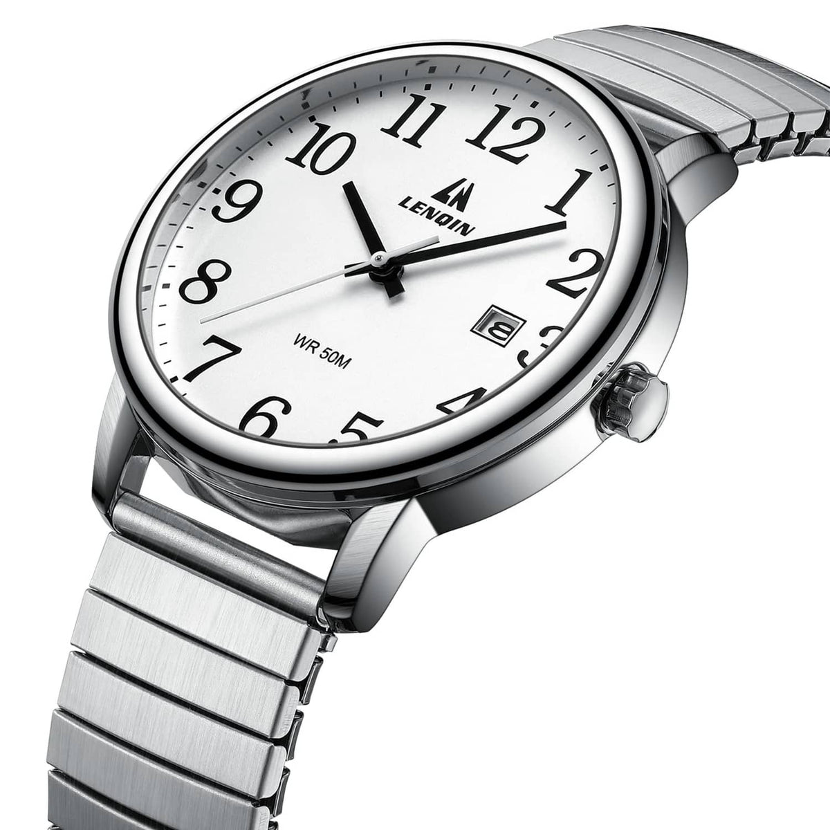 Mens analog quartz watch angled view with white dial and silver metal link band