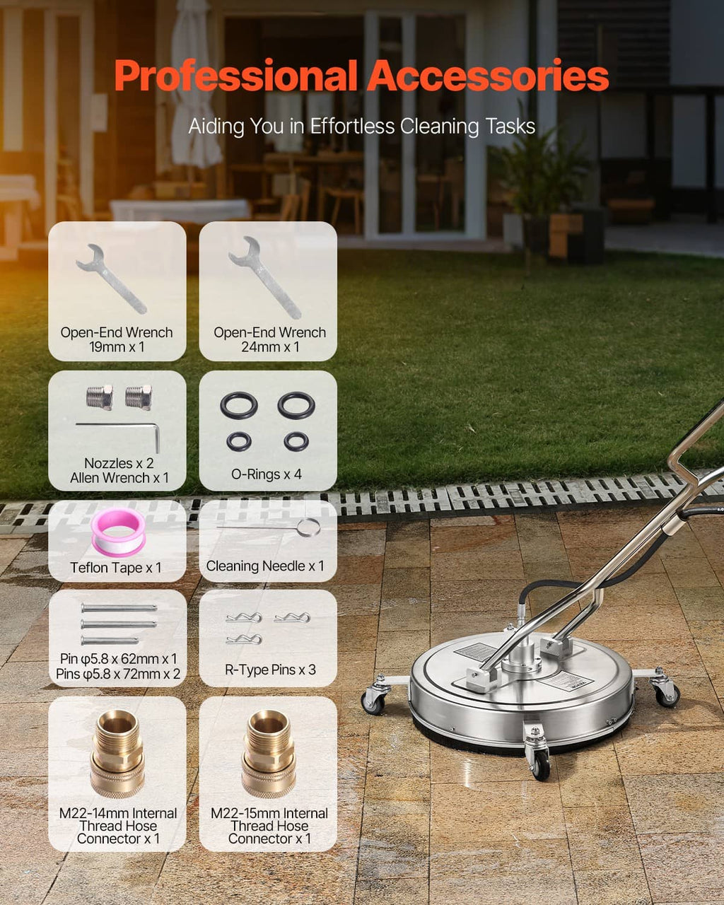Surface cleaner with included accessory parts kit and 4-wheels base