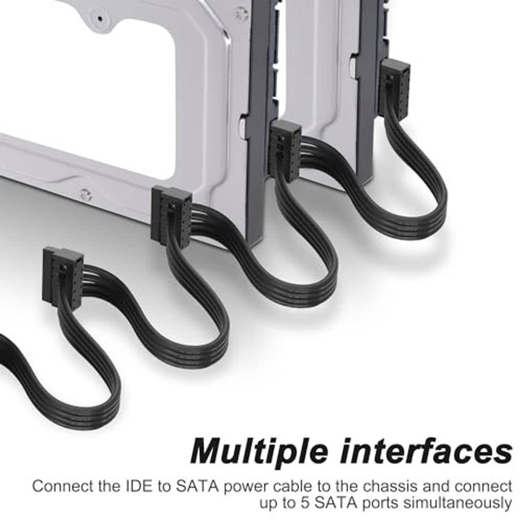 Multiple IDE-to-SATA power split connectors connected to a metal computer chassis