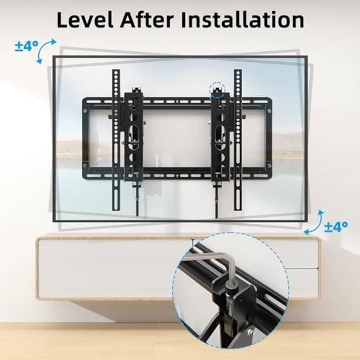 Full motion TV wall mount with level adjustment, black brackets mounted for flat TV positioning