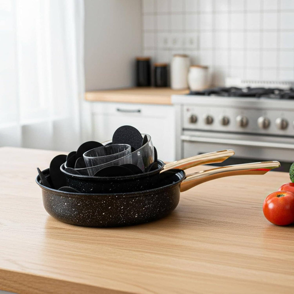 Black felt pot liners with flower pattern inside a cookware organizer tray