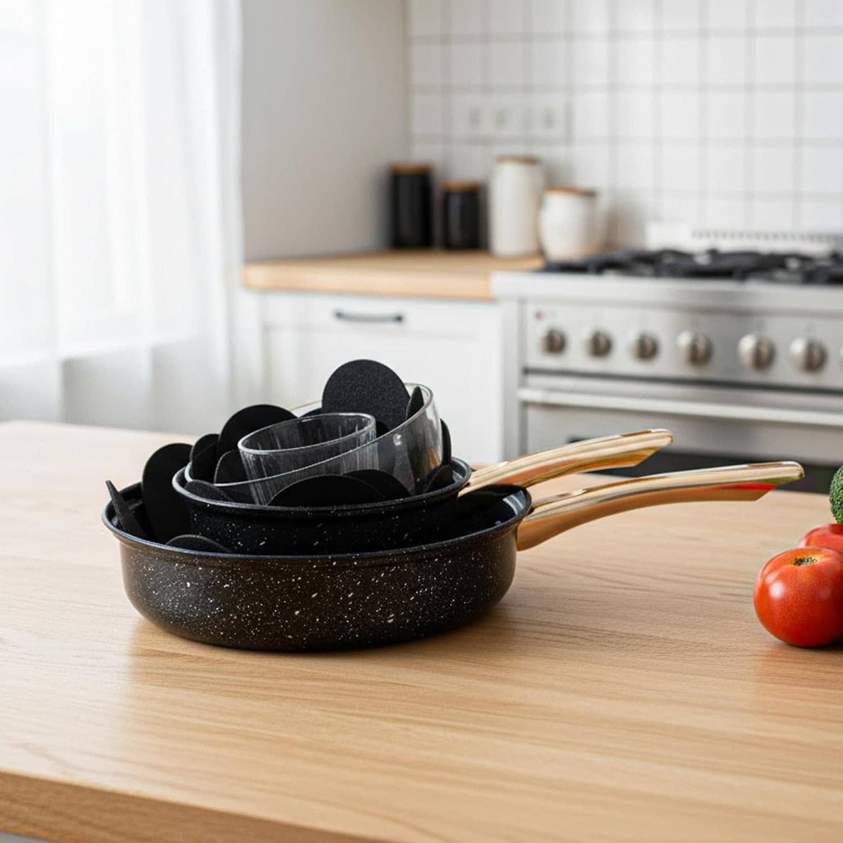 Black felt pot liners with flower pattern inside a cookware organizer tray