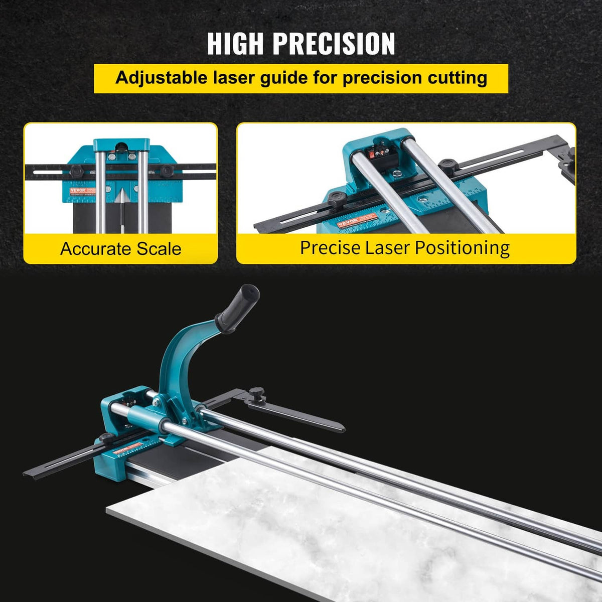 Manual tile cutter with adjustable laser guide and accurate scale on teal housing