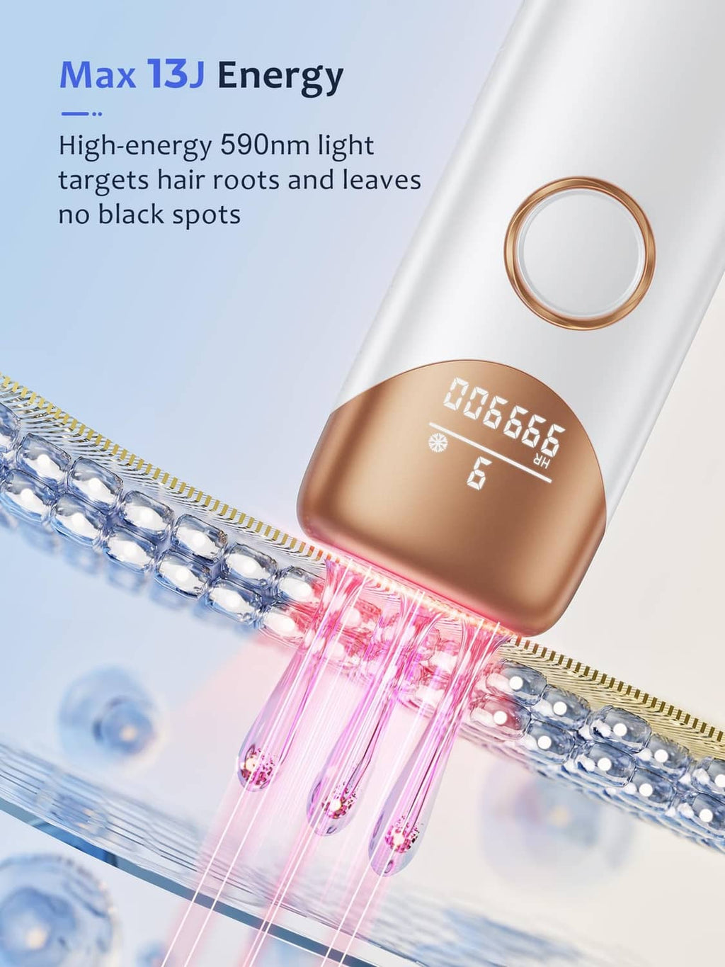 Handheld IPL hair removal device releasing bright treatment light, white with rose-gold front
