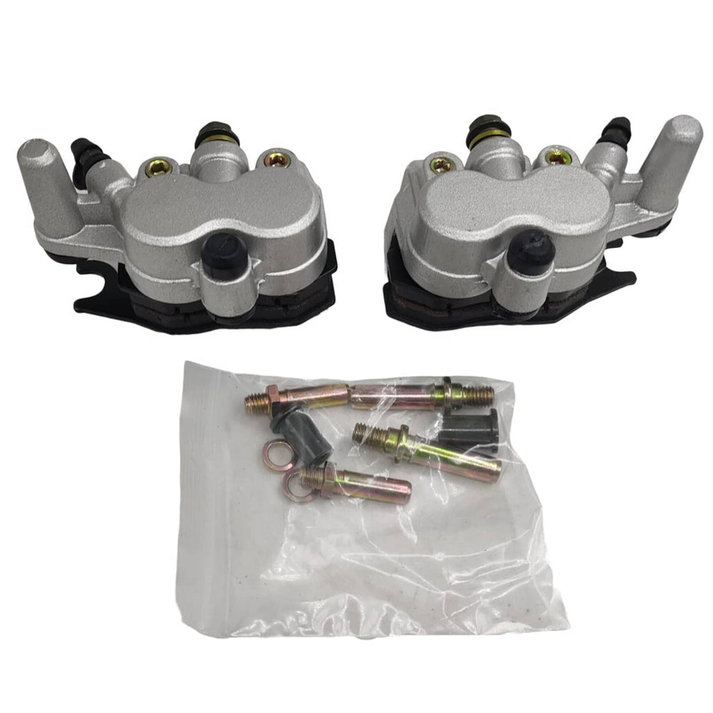 Front brake caliper set with mounting hardware bag; silver body and black boots