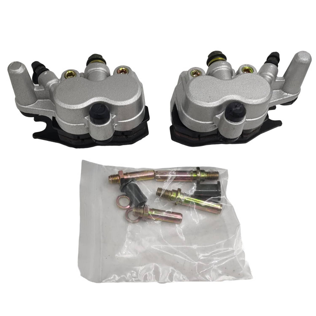 Front brake caliper set with mounting hardware bag; silver body and black boots