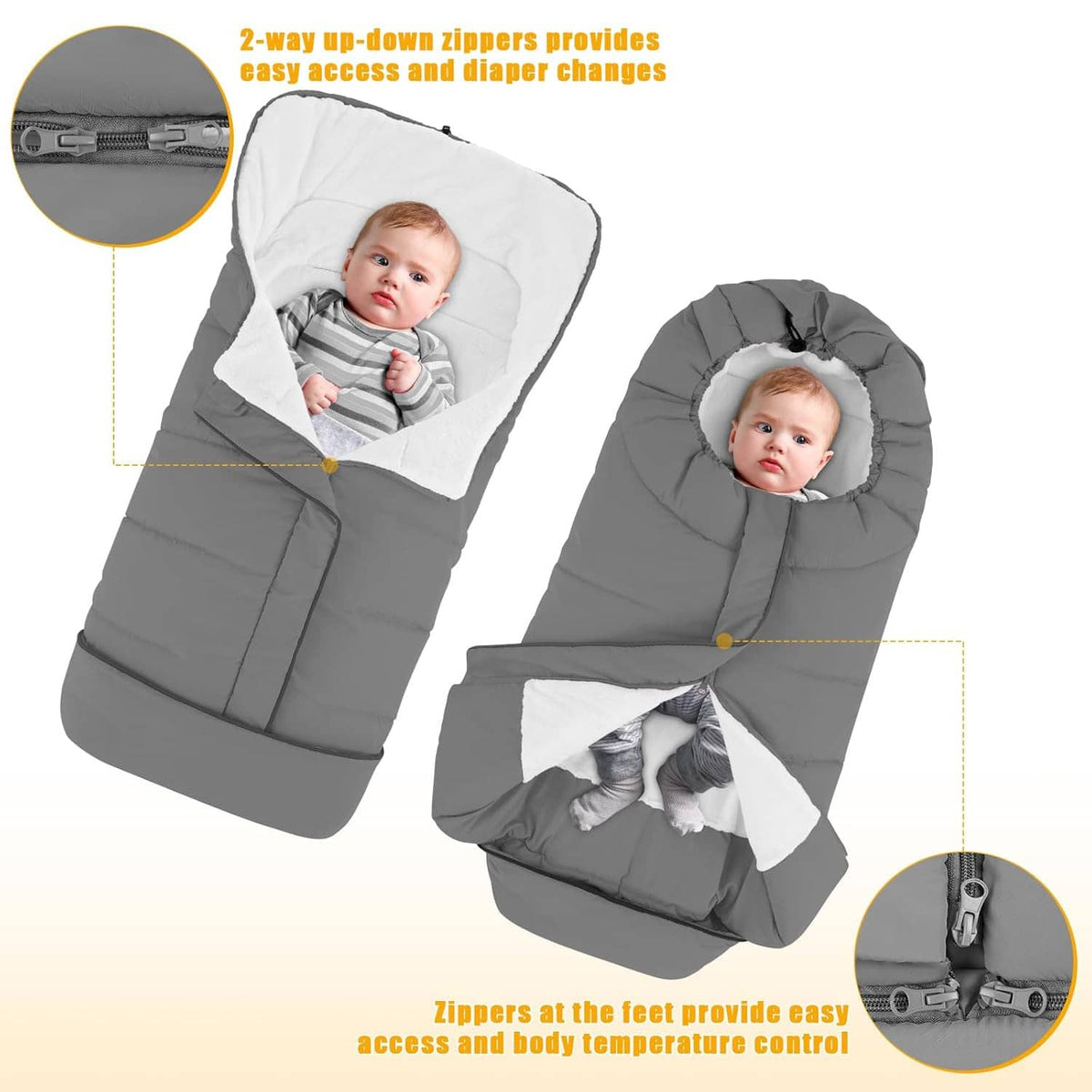 Gray stroller footmuff with 2-way zipper opening and attached stroller straps