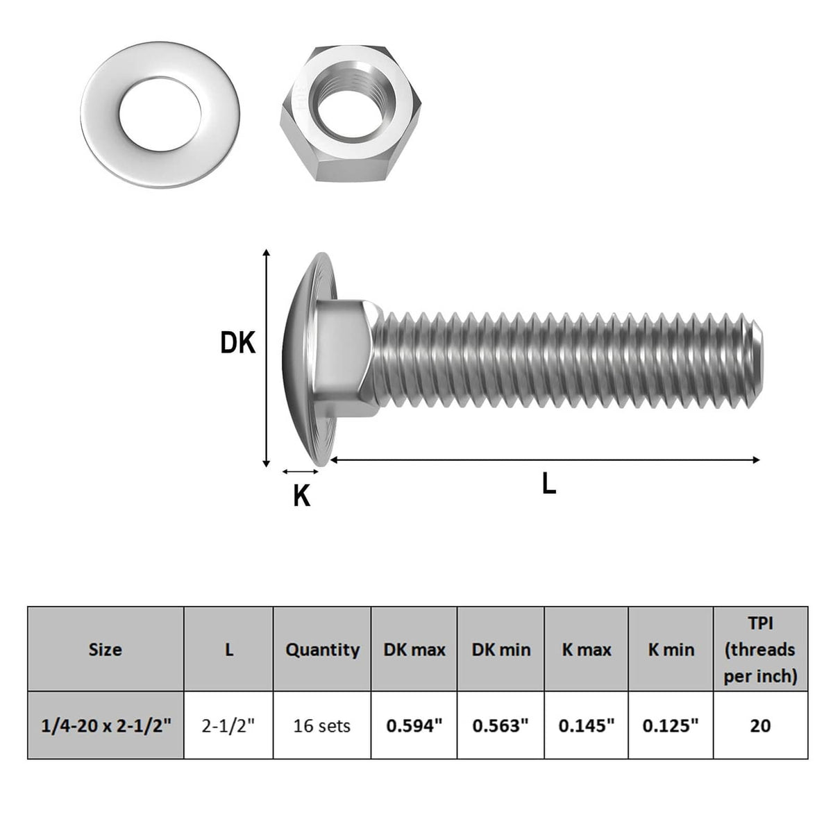 Carriage bolt with hex nut and washer shown with DK and length size diagram