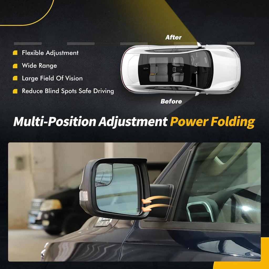 Power folding driver side mirror with reflective glass, shown on vehicle door