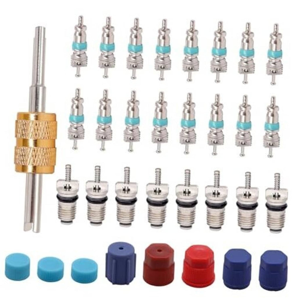 Car A/C valve core kit with metal removal tool, valve cores, and colored caps