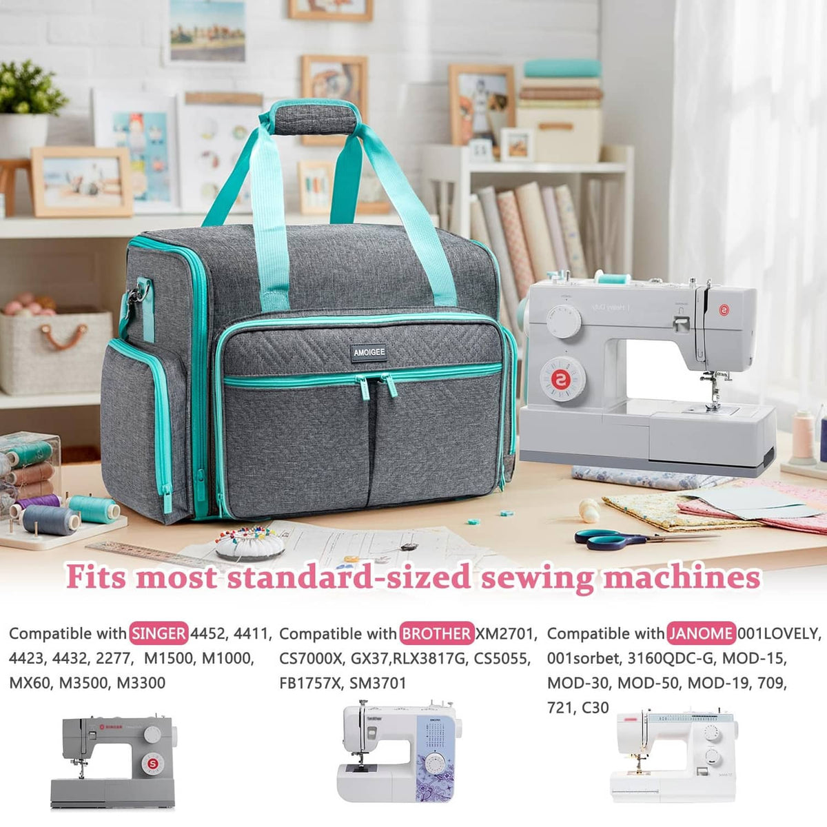 Gray rolling sewing machine case with teal trim and two side pockets