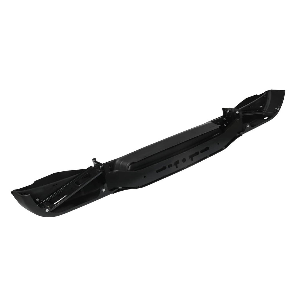 Black rear step bumper beam with cutouts and side end sections