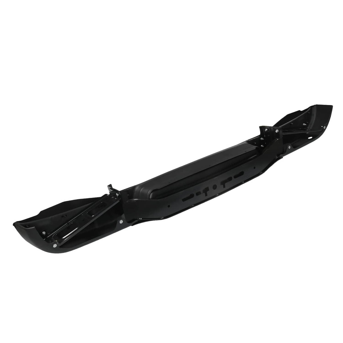 Black rear step bumper beam with cutouts and side end sections
