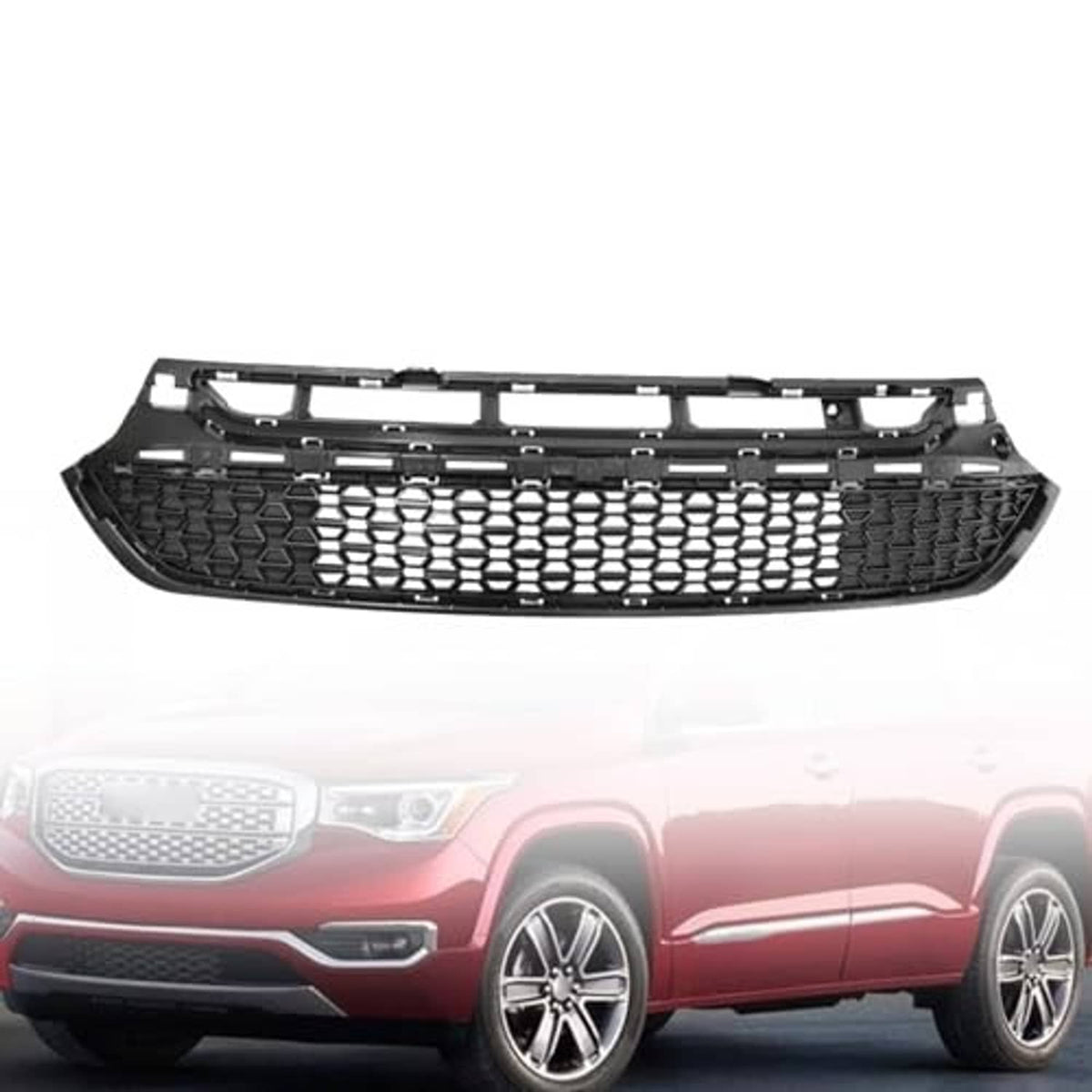 Black front bumper lower grille insert with wide hex mesh and grille frame