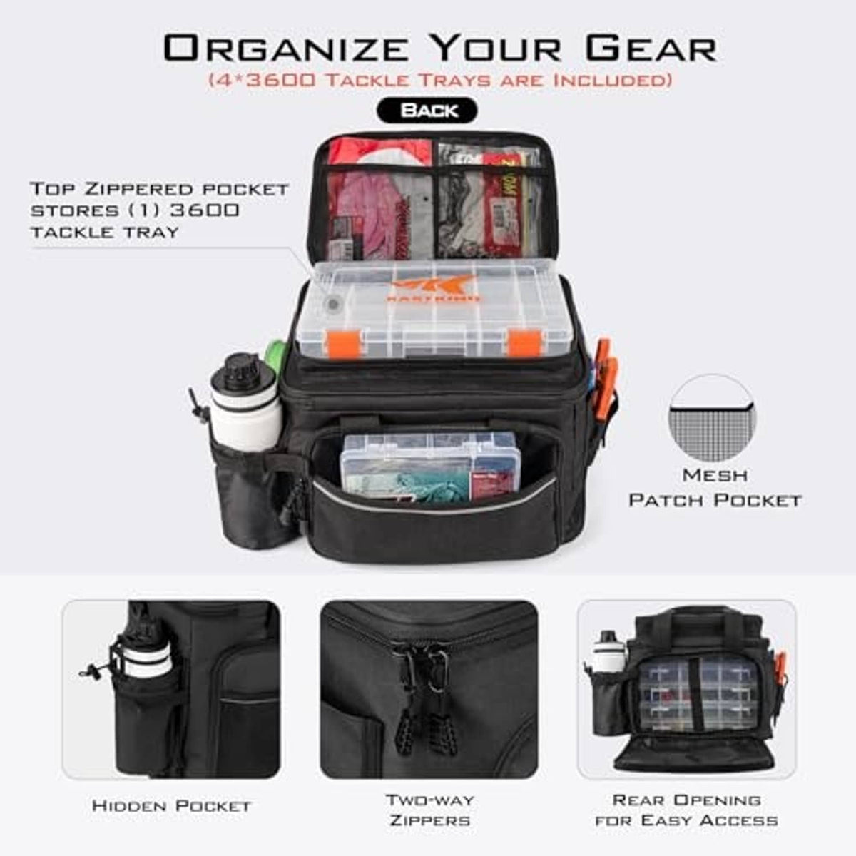 Black tackle bag back view with open compartment and clear top tray, side mesh patch pocket.
