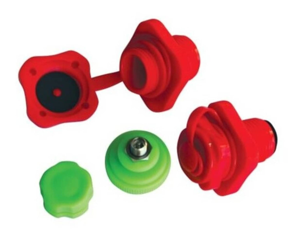 Multi-Valve airhead valve set with red and green caps, including base and nozzle pieces