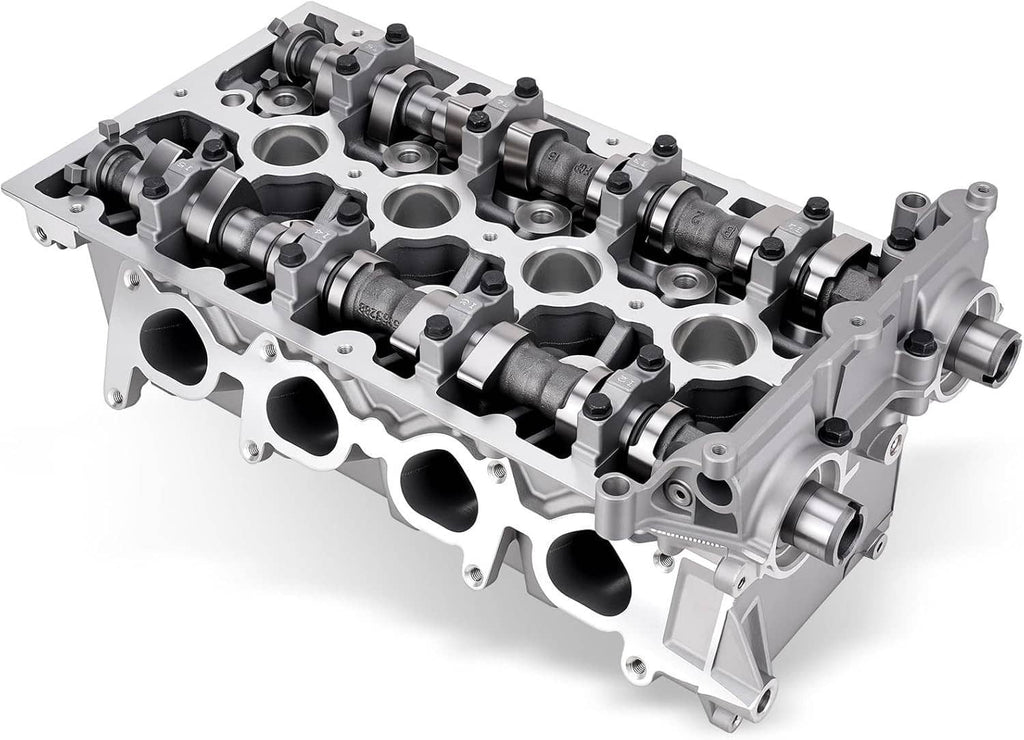 Cylinder head with rocker arms and camshaft lobes, silver metal engine component
