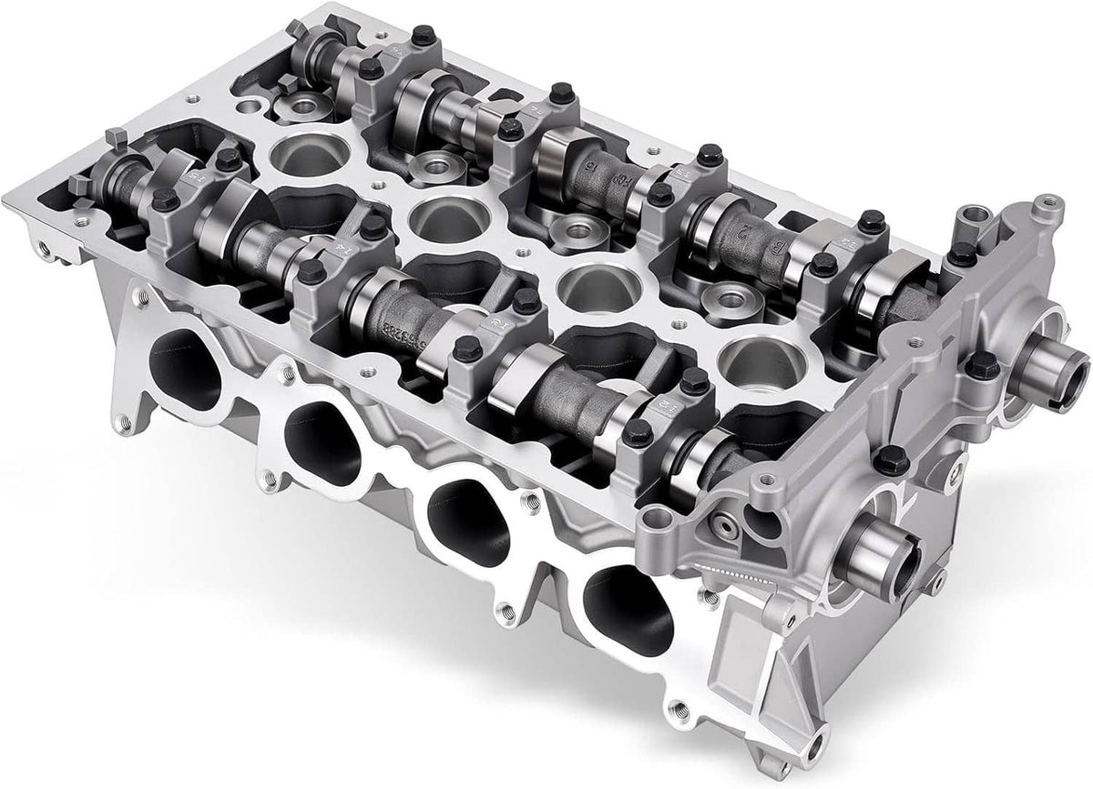 Cylinder head with rocker arms and camshaft lobes, silver metal engine component