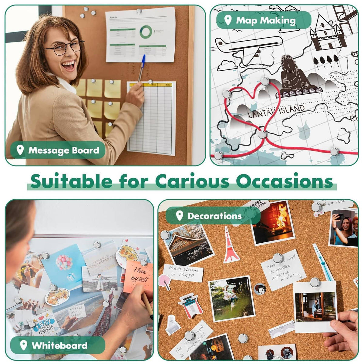 Magnetic push pins decorating a cork message board with photos, notes, and map sketches