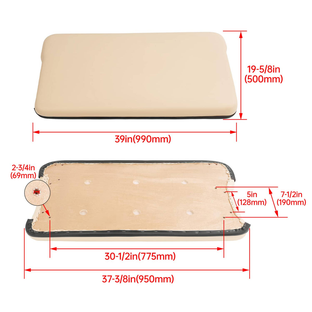 Beige seat bottom cushion assembly with dimensions and black edging along base