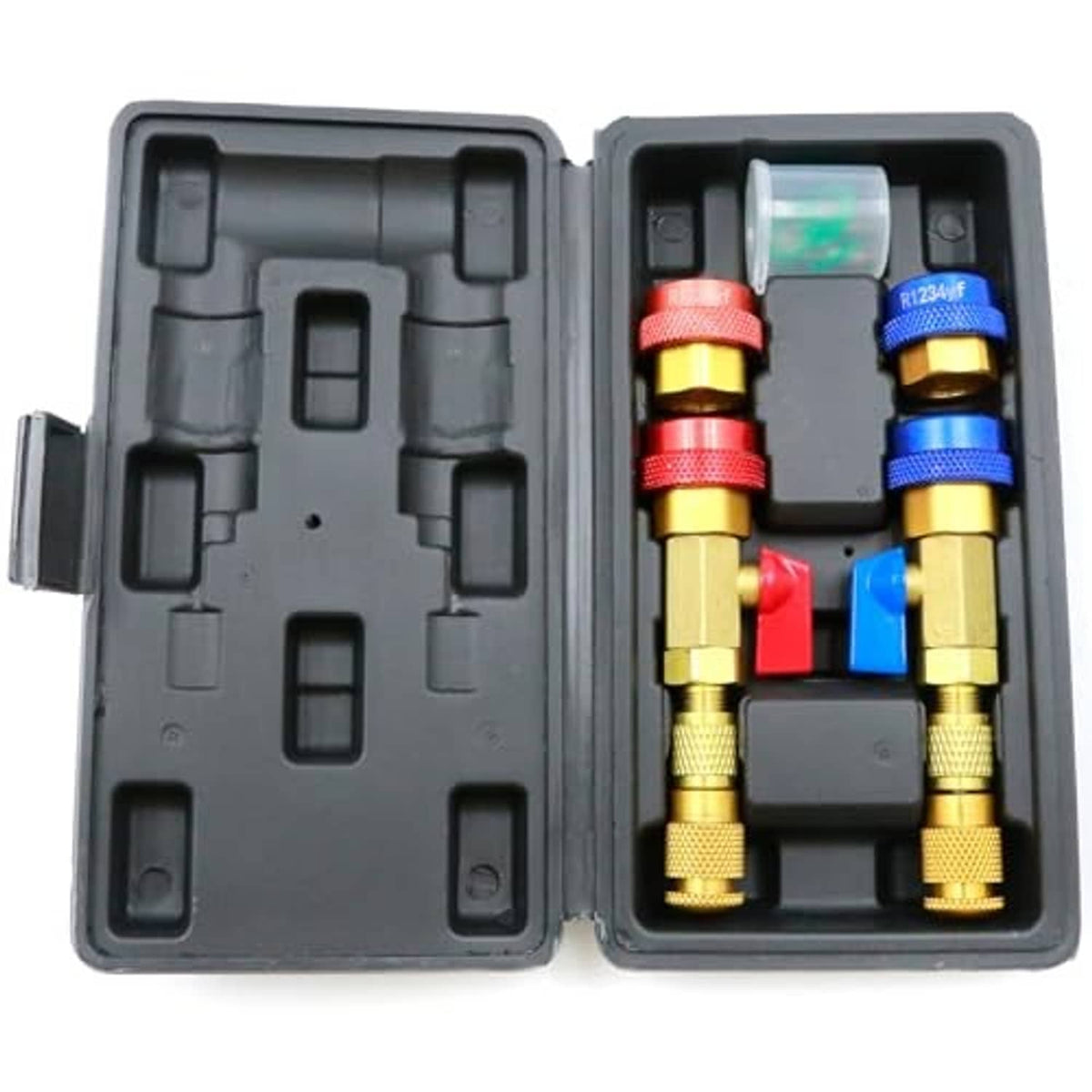 AC valve core remover installer kit open in gray case with red and blue valve tools